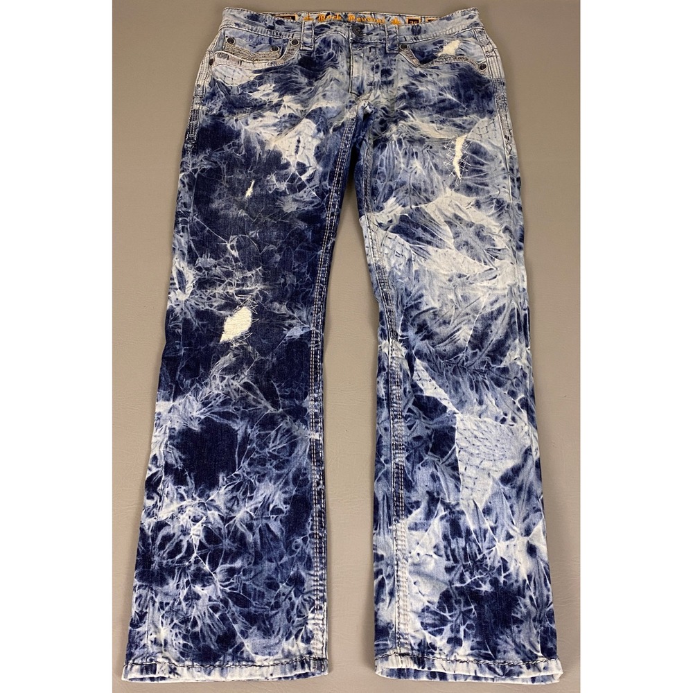Rock Revival Dorsett Alt Straight Jeans Men's Size 36 Blue Acid Wash Distressed